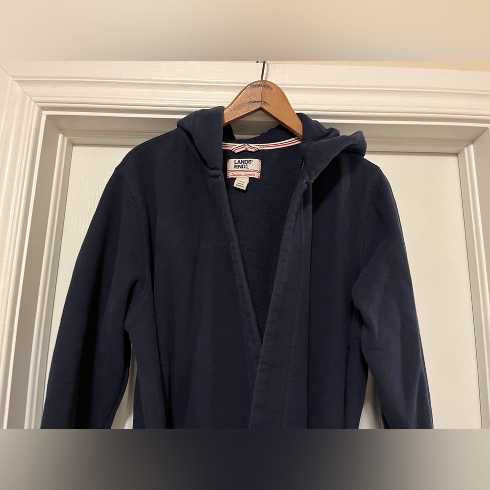 Land’ End Women’s Size Large Navy Blue Serious Sweats Fleece Lined Bathrobe Robe - Picture 4 of 11